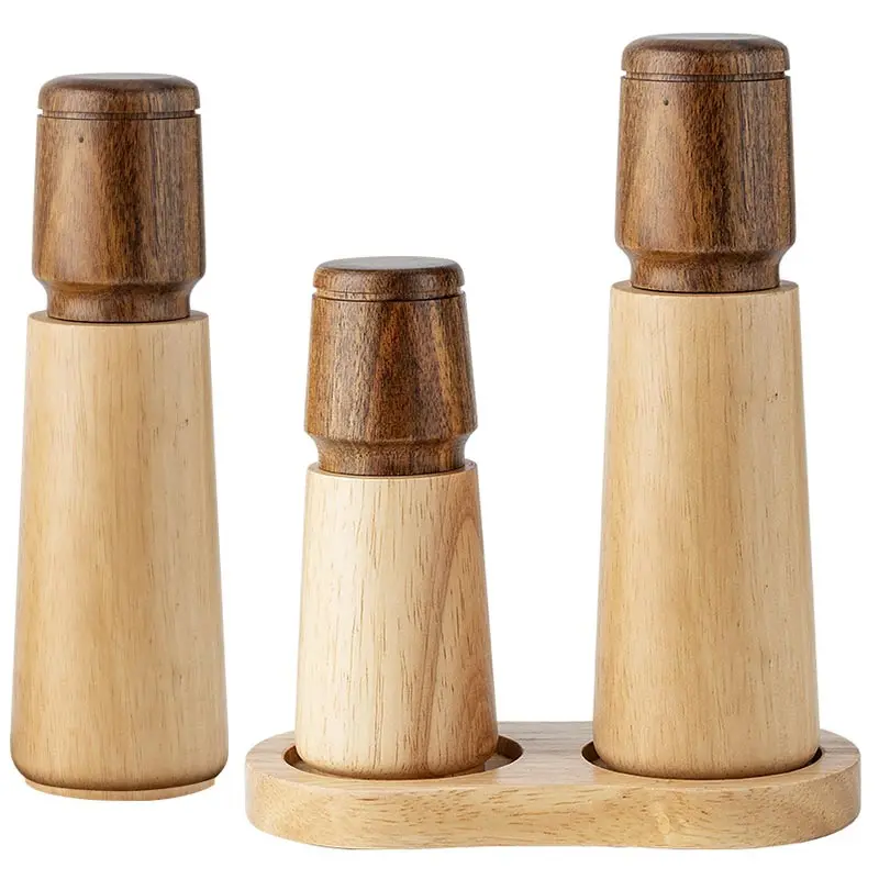 

3Pcs/Sets Oak Wood Manual Pepper Grinder,With Base,Kitchen,Household Seasoning Bottle, Retro Creative,Black Pepper Spice Shaker