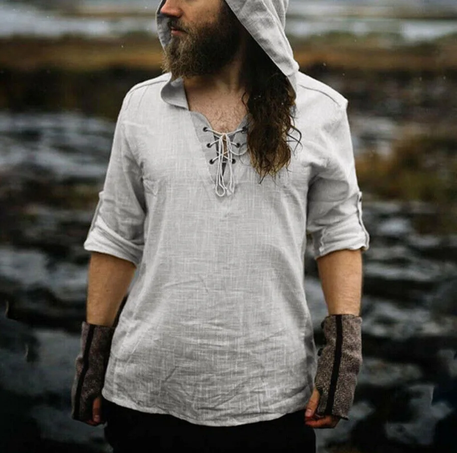 Man Retro Medieval Pirate  Cosplay Shirt Vintage Casual Male Hooded Knight Linen Renaissance Nordic Tunic Bandage T-shirt