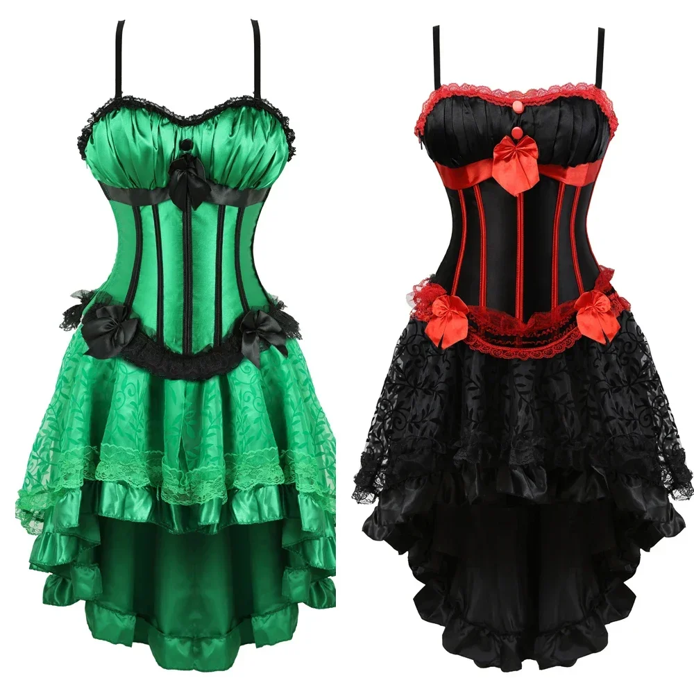 Burlesque Corset met Bandjes Victoriaanse Gewatteerde Cup Korsage Jurk Sexy Satijn Strakke Kant Uitgebeend Bustier Tutu Rok Carnavalskostuums