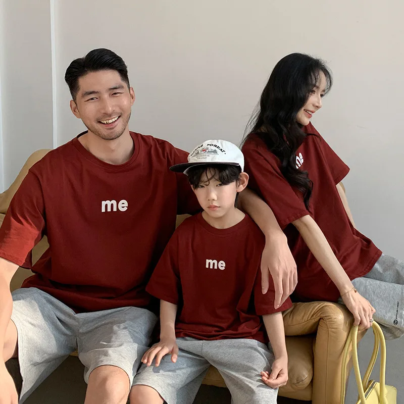 2026 Summer Family Matching T-shirts Letter Print Red Loose Short Sleeve Tops Mommy And Me Family Of 3 Soft Cotton Crew Neck Tee 2
