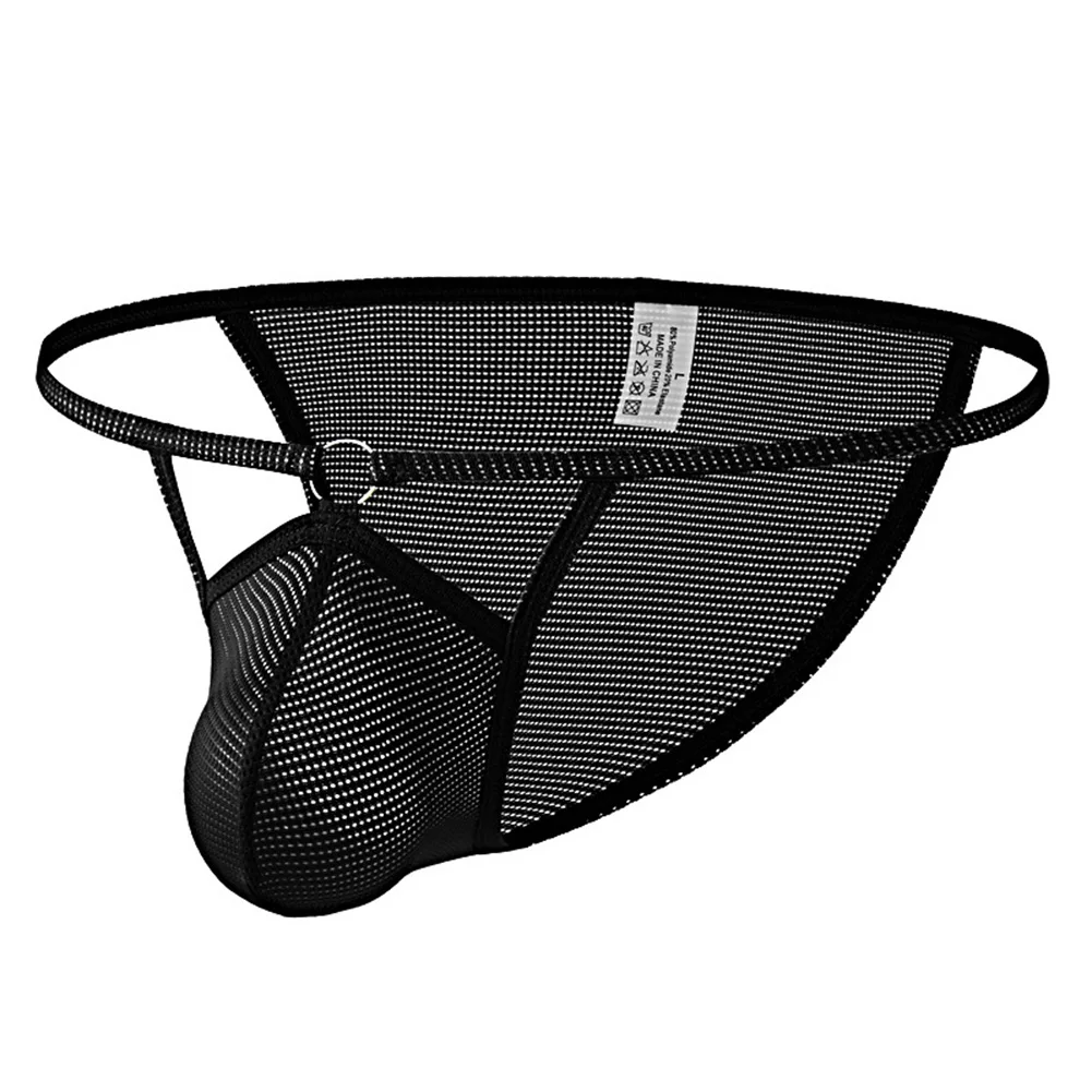 Men's Low Waist Mesh T-back Underwear Breathable See-through Thong Briefs U-convex Pouch Sexy Panties With Metal Ring Detail