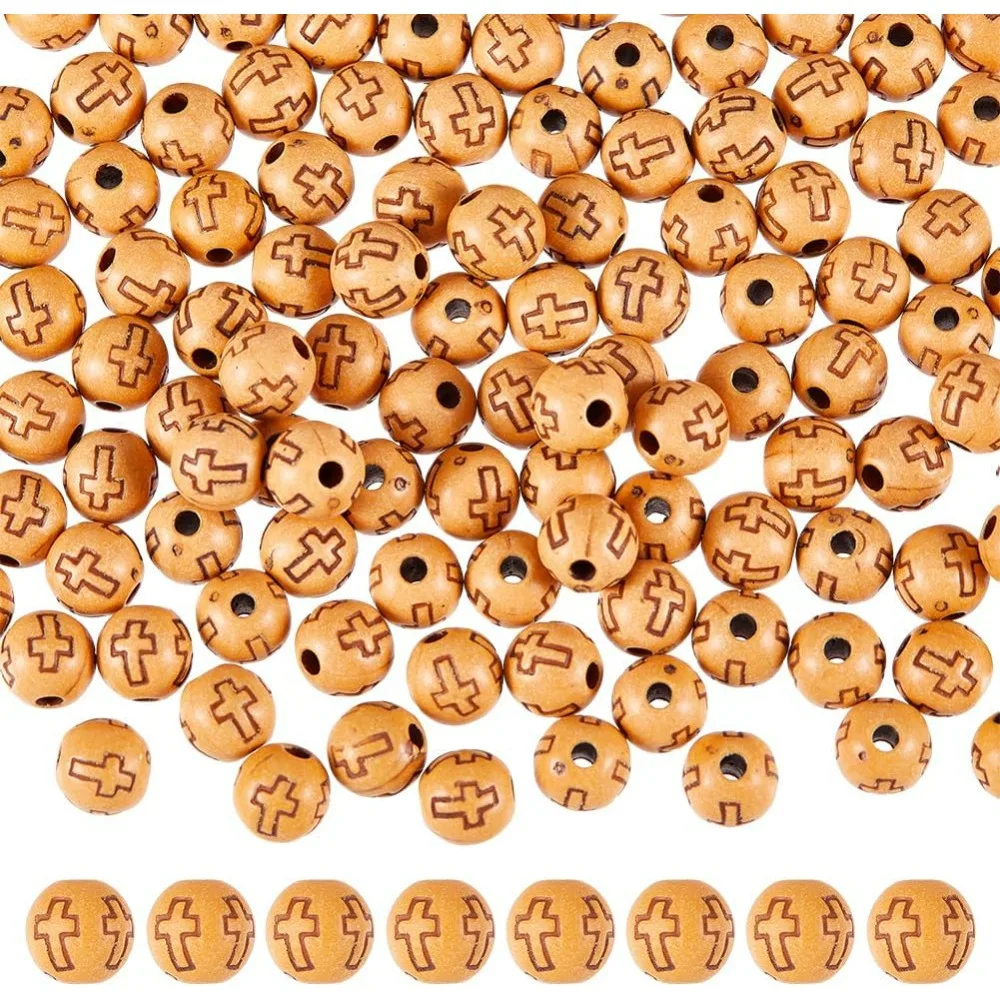 600Pcs Round with Cross Beads Easter Imitation Wood Acrylic Beads 8mm Round Jewelry Small Sandy Brown Religious Spacer kits