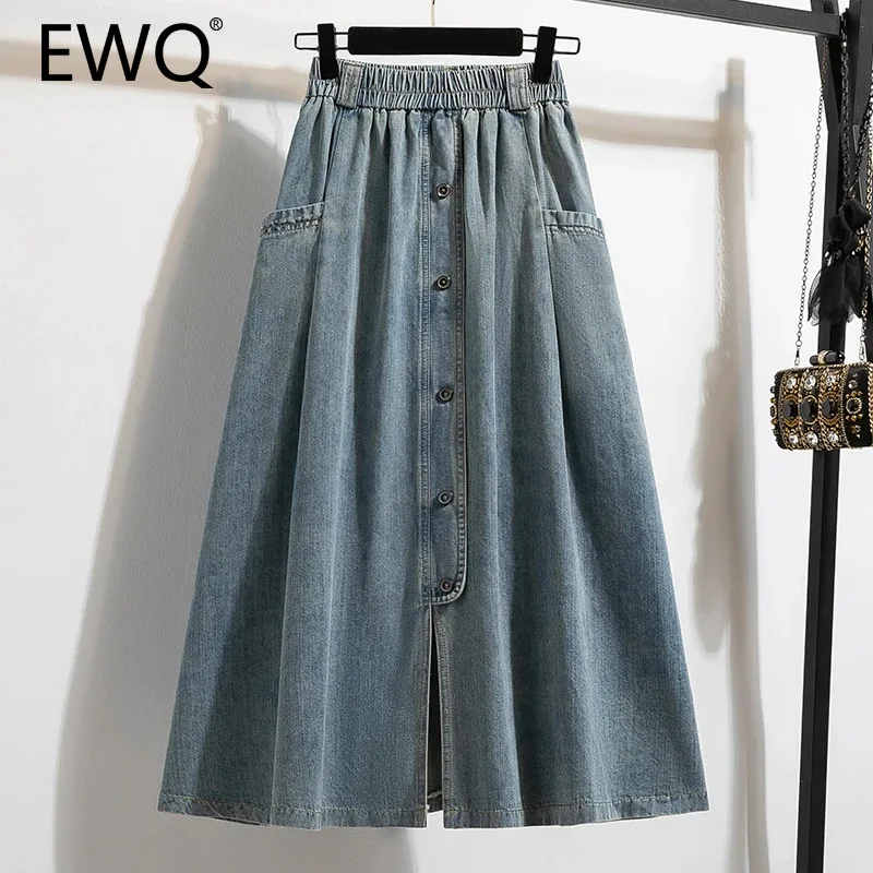 

EWQ Fashion Button Split Design Denim Skirt For Women Casual A-line Loose Versatile Pocket Skirts 2024 Summer New 27X375