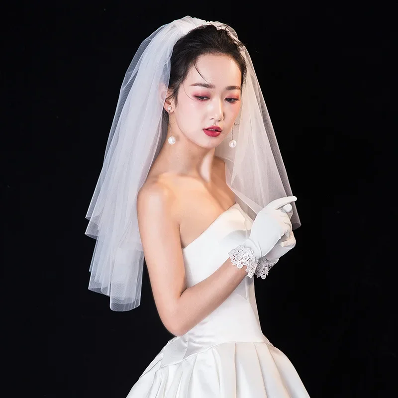 2 Tier Short Wedding Veil with Comb Mesh White Fingertip Bridal Accessories