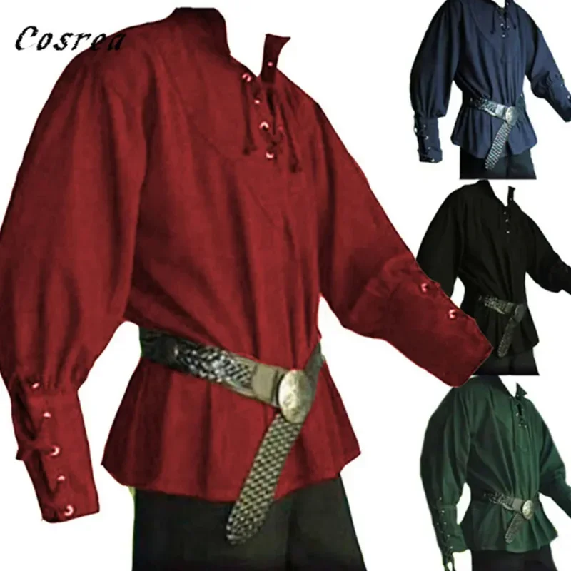 

Cosbao New Wholesale Men's Medieval Renaissance Long Sleeve Shirt Bandage Tops Halloween Landlord Knight Shirt Vintage Costume