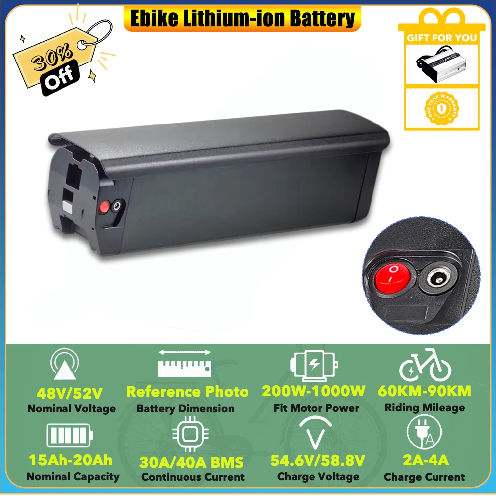 

Removable Frame 48V 15Ah 20Ah 23Ah 52V 17.5Ah Replacement Lithium-ion Battery Pack for Likebike Rail 7 Fat-tire Ebike