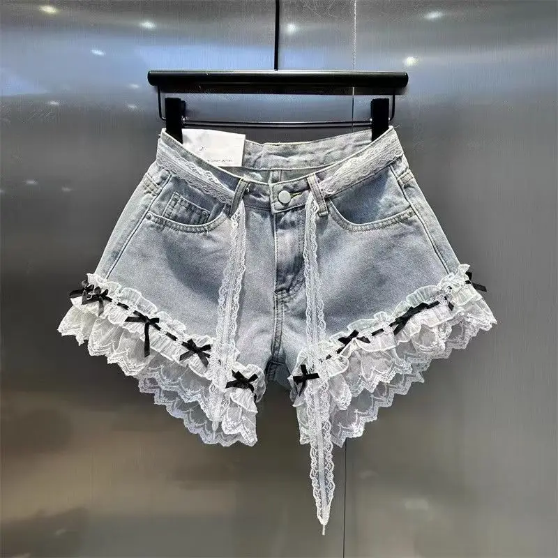 Women's Blue Lace Trim Butterfly Knot Casual Denim Shorts Y2K High Street Harajuku Fashion Retro Wide Leg Jeans Shorts Clothing