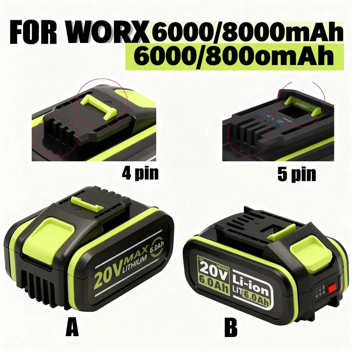 

20V 8000mAh Li-ion Battery for Worx WA3553/WA3551/WA3572 Cordless Power Tool Replacement (WX390/WX176/WX178/WU268)