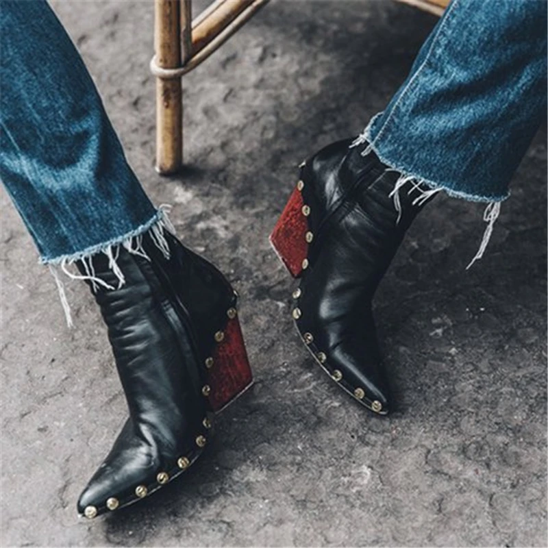 Ankle Boots Women Pu Leather Rivet Pointed Toe Shoes Gladiator Woman Fashion Boots Mujer Invierno Zapatos size 34-43