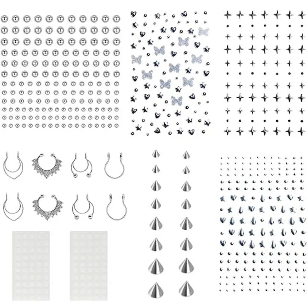 128Pcs Set Fake Lip Piercing Fake Nose Ring Hoop Fake Face Piercing Lip Stud Nose Stud Stick on Eyebrow Piercing Piercing Balls