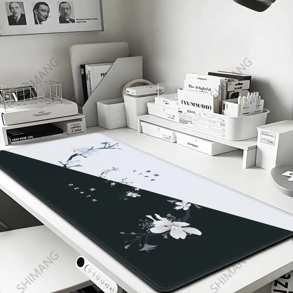 

90x40 Black and White Cherry Blossom Game Large Mouse Pad Extended Desk mat Lock Edge Keyboard Non-slip Rubber YinYang Mousepad
