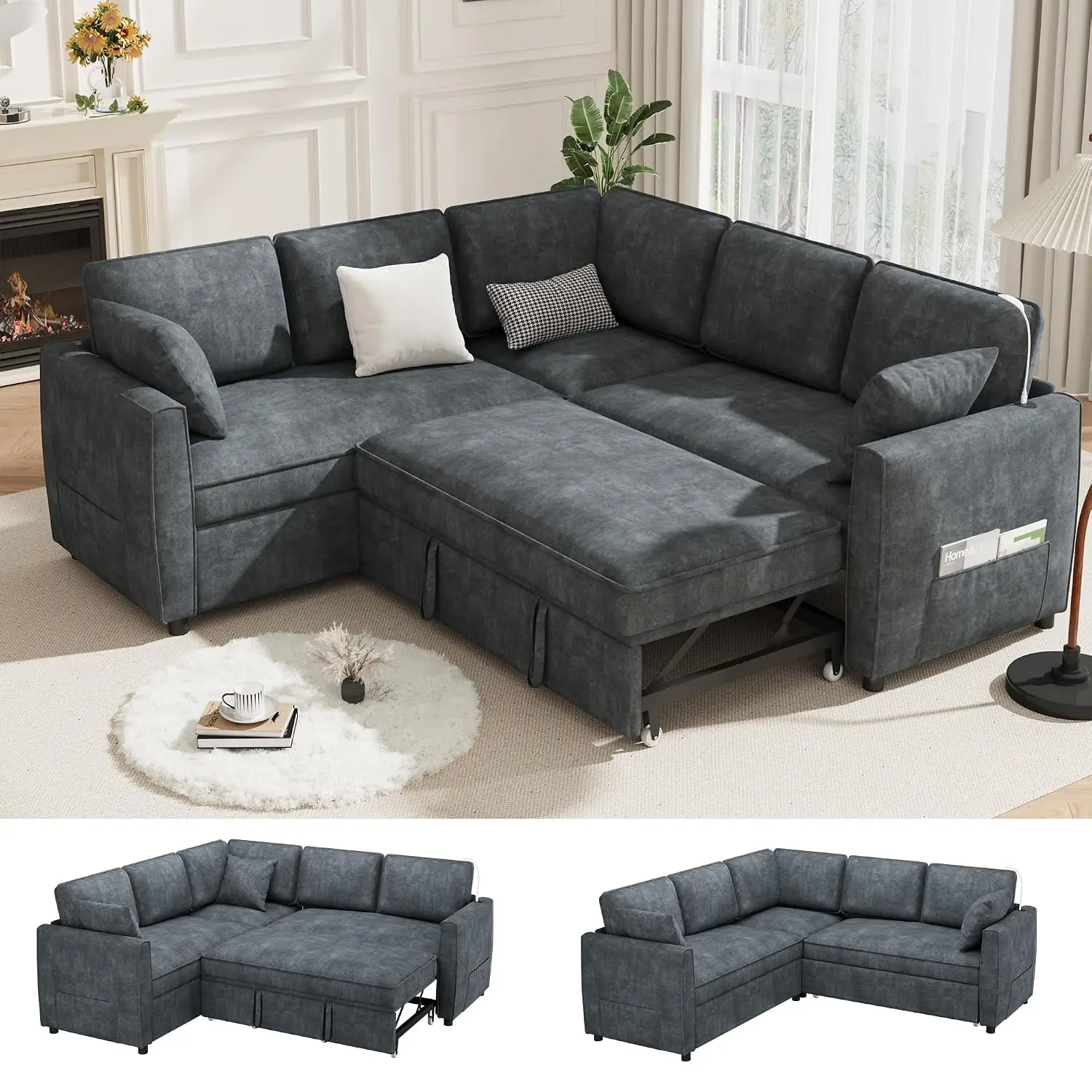 L Shaped Pull Out Sleeper Sofa Bed with USB Ports, Velvet Modular Sectional with 2 Pillows for Living Room, Customized