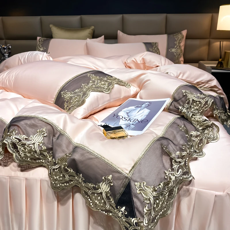 

Luxury Bedding Set 3Pcs Duvet Cover Set King Size Bed Skirt Lace Double Side Washed Silk Design Reactive Printing Sleep Coolly