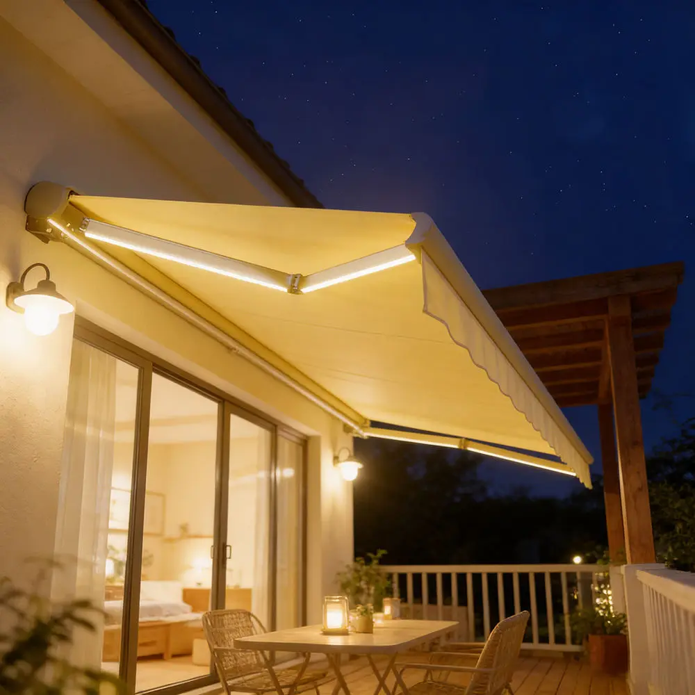Balcony Wall Mounted All Weather Sunshade Equipped with LED Lights Outdoor Aluminum Frame Acrylic Canopy Space Saving Awning