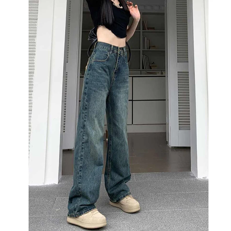 Jeans a gamba larga per donna Pantaloni a gamba dritta a contrasto a vita alta Pantaloni larghi da donna autunnali Streetwear