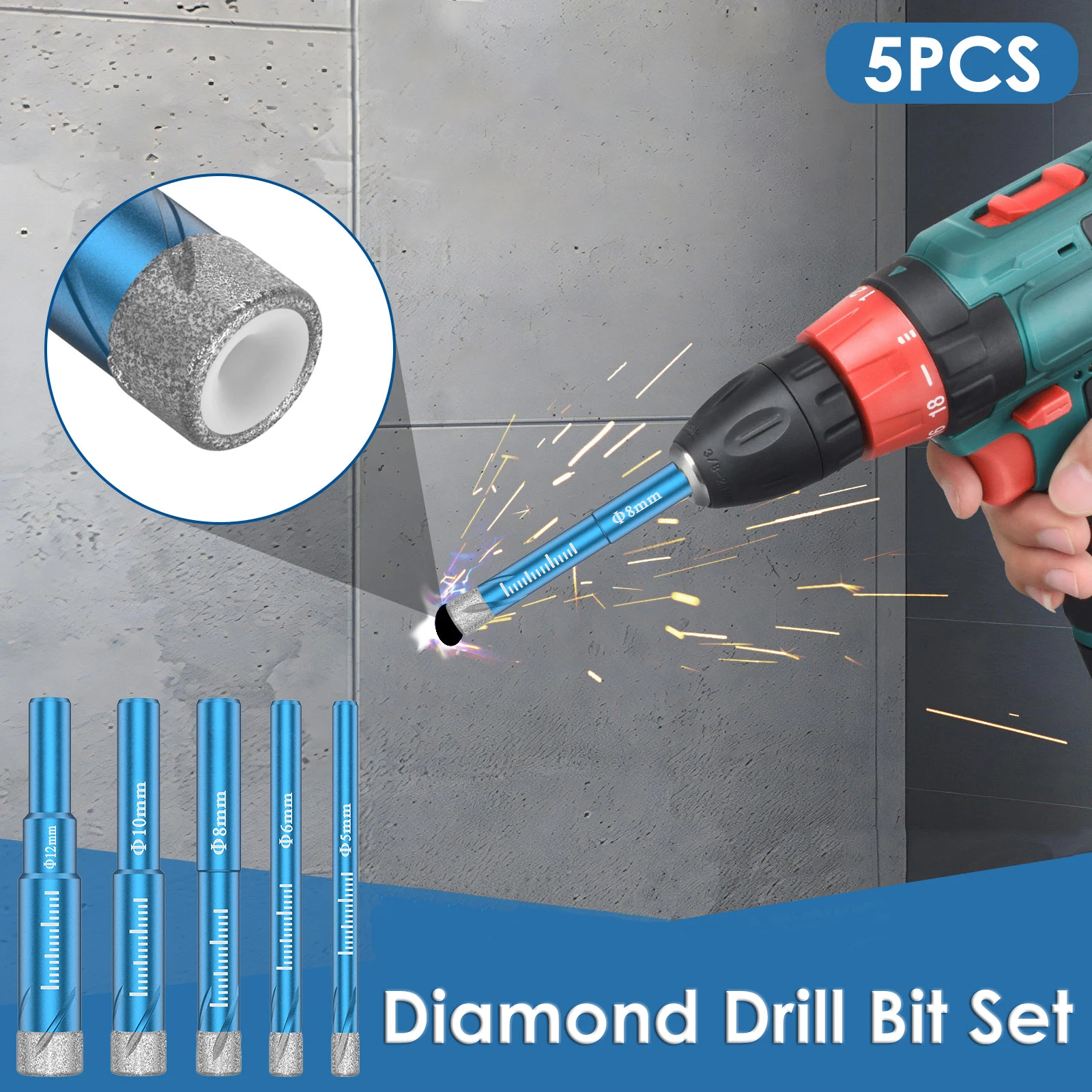 

5Pcs Diamond Drill Bit Set High Speed Chip Removal Design Diamond Hole Saw Power Tool Accessories for Stone Ceramic Tiles Glass