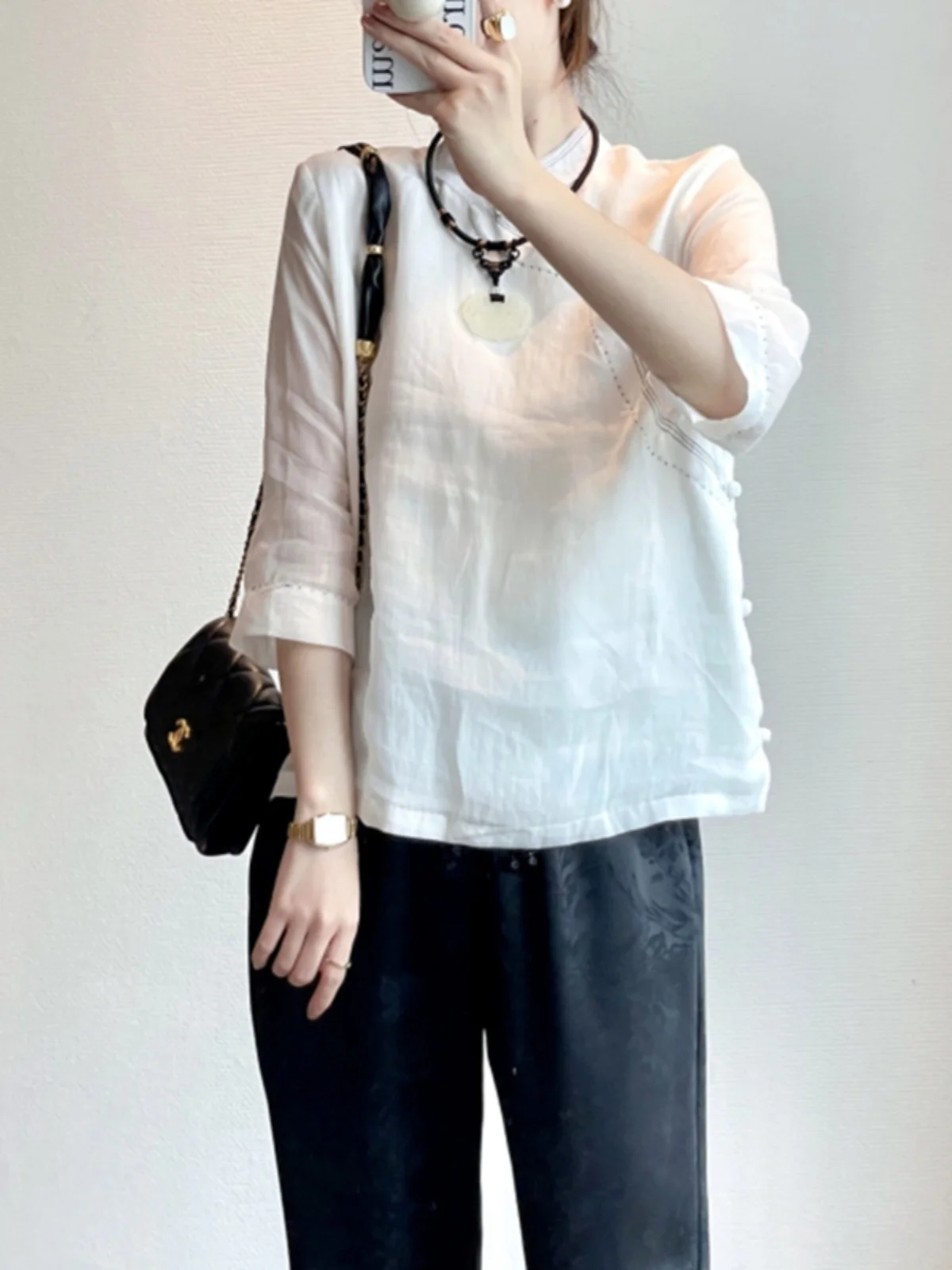 新しい中国風スレ綿麻服女性初秋レトロ仏教禅茶服スモール服麻トップスボタンアップ