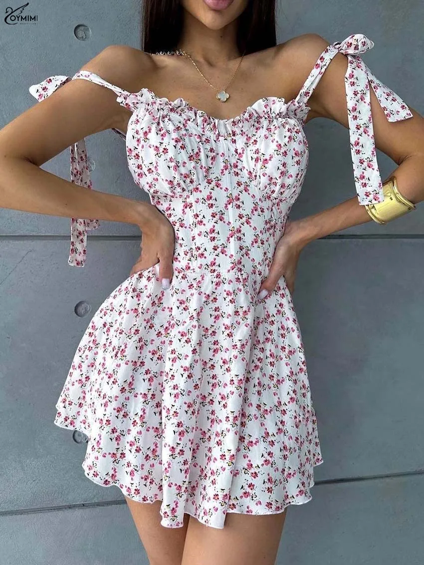 

Oymimi Fashion White Print Women's Dress Elegant Spaghetti Strap Open Back Slim Dresses Summer High Waisted Pleated Mini Dresses