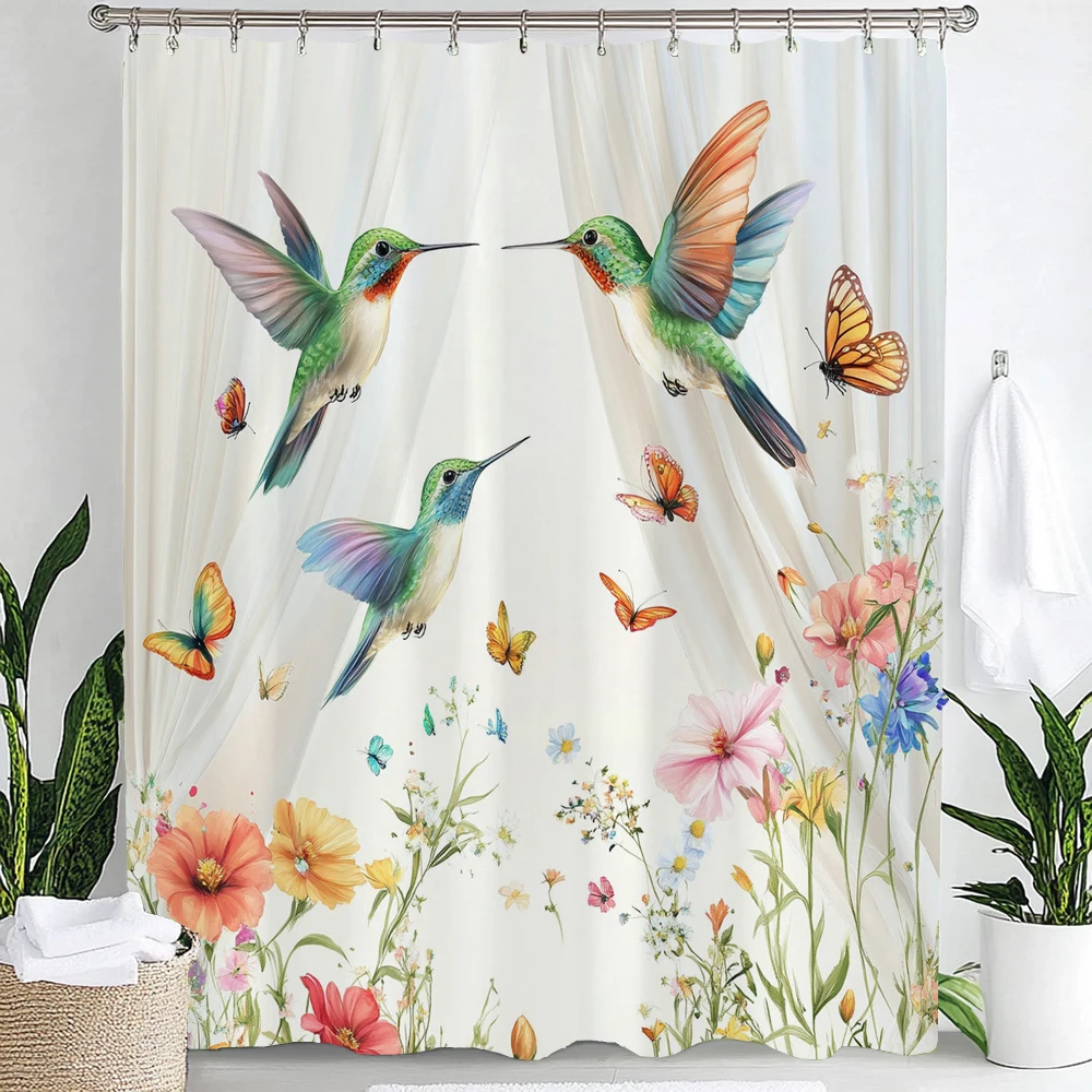 

1 шт. Водонепроницаемая занавеска для душа с принтом разноцветных цветов и птиц, разделительная штора для уединения, с 12 крючками, машинная стирка