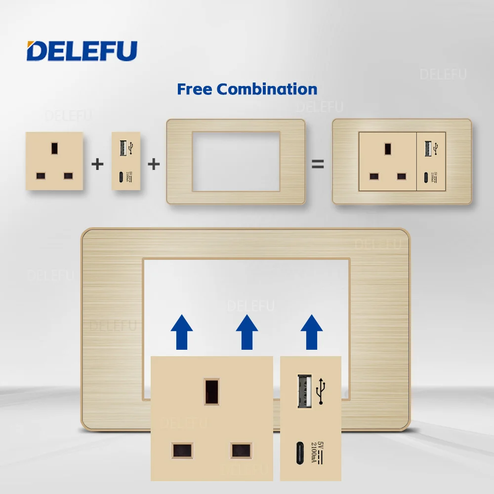 DELEFU Stainless Steel Gold Panel Series UK Switch Socket USB Type C Wall Power Socket