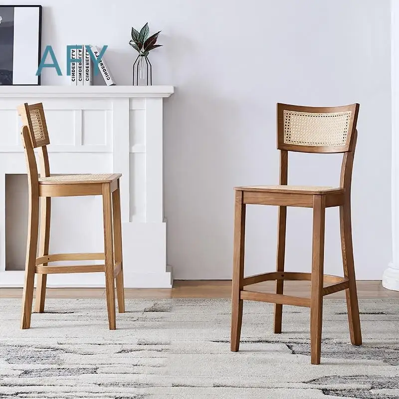 High Back Dining Chair for Restaurant Bar Home Use Nordic Style Solid Wood Back Modern Minimalist Wicker Seat Stool