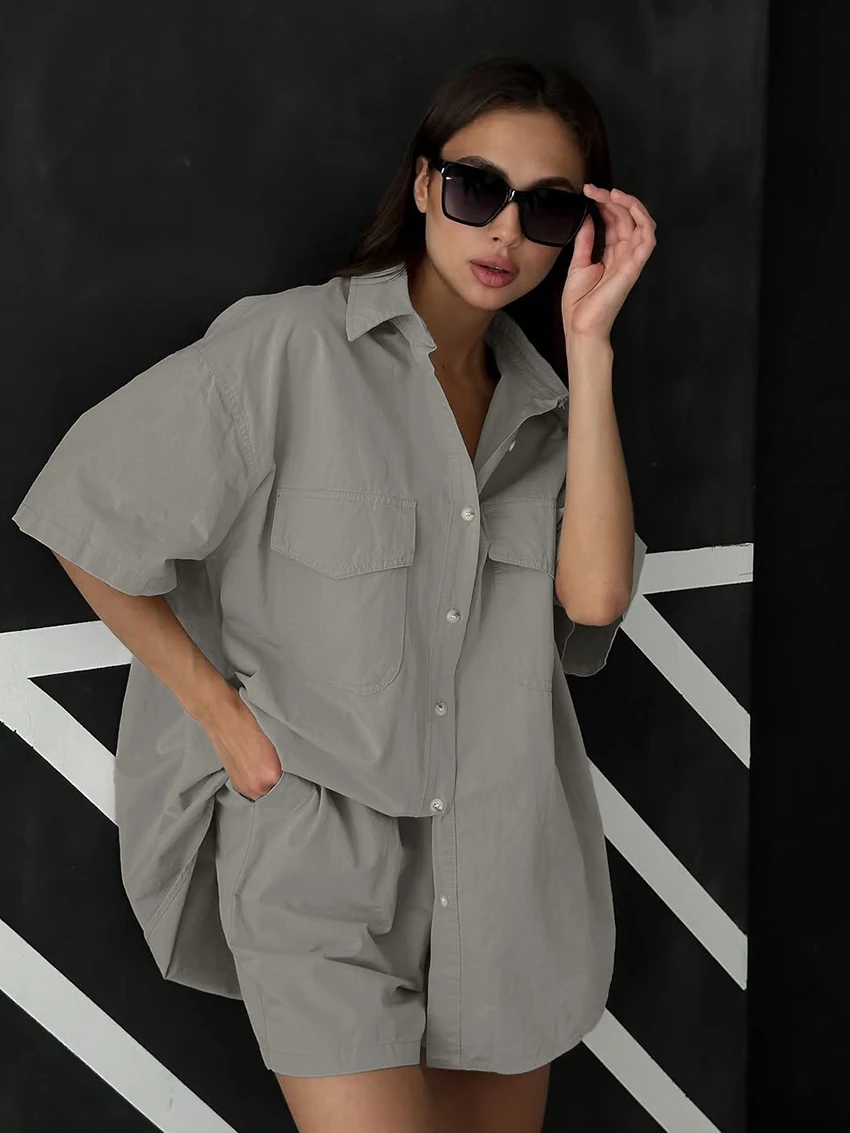 Marthaqiqi Loose Summer Ladies Sleepwear Suit Half Sleeve Nightgowns Turn-Down Collar Nightwear Shorts Cotton Female Pajamas Set