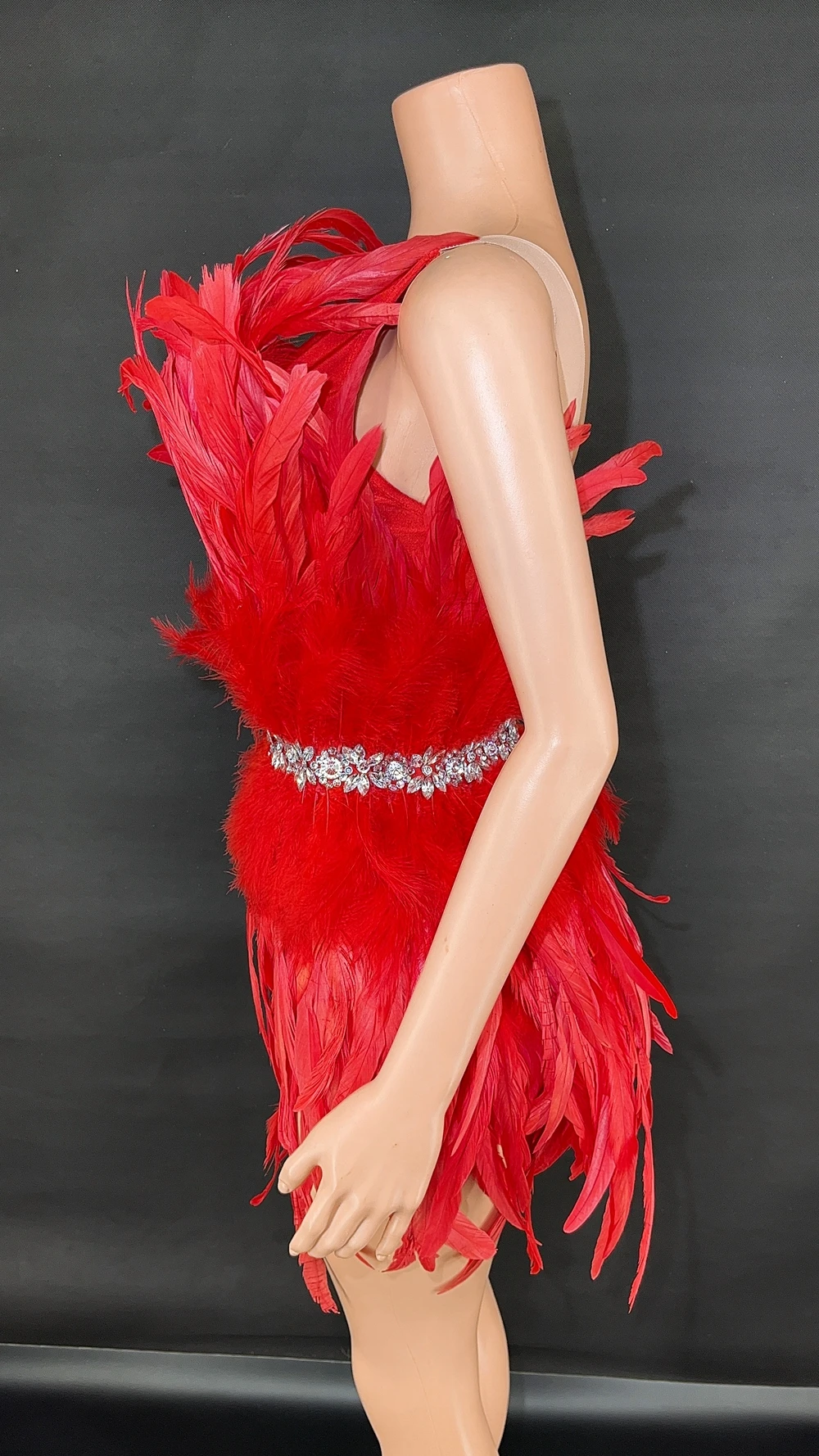 섹시한 파티, 프롬, 생일, 결혼식 축하 드레스, 쇼 무대 의상, 우아한 깃털과 라인스톤 장식의 여성용 원 숄더 숏 드레스