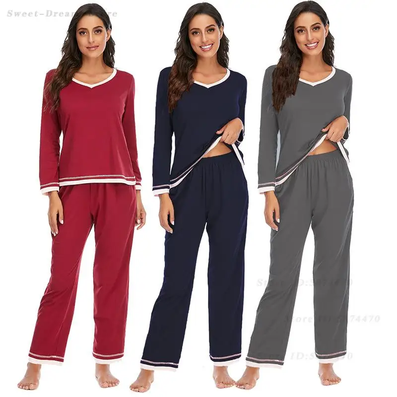 New Female Long Sleeve Pajamas Trouser Suits Simple Round Neck Sleepwear Home Clothes Loose Casual Pyjamas Set Lounge Wear