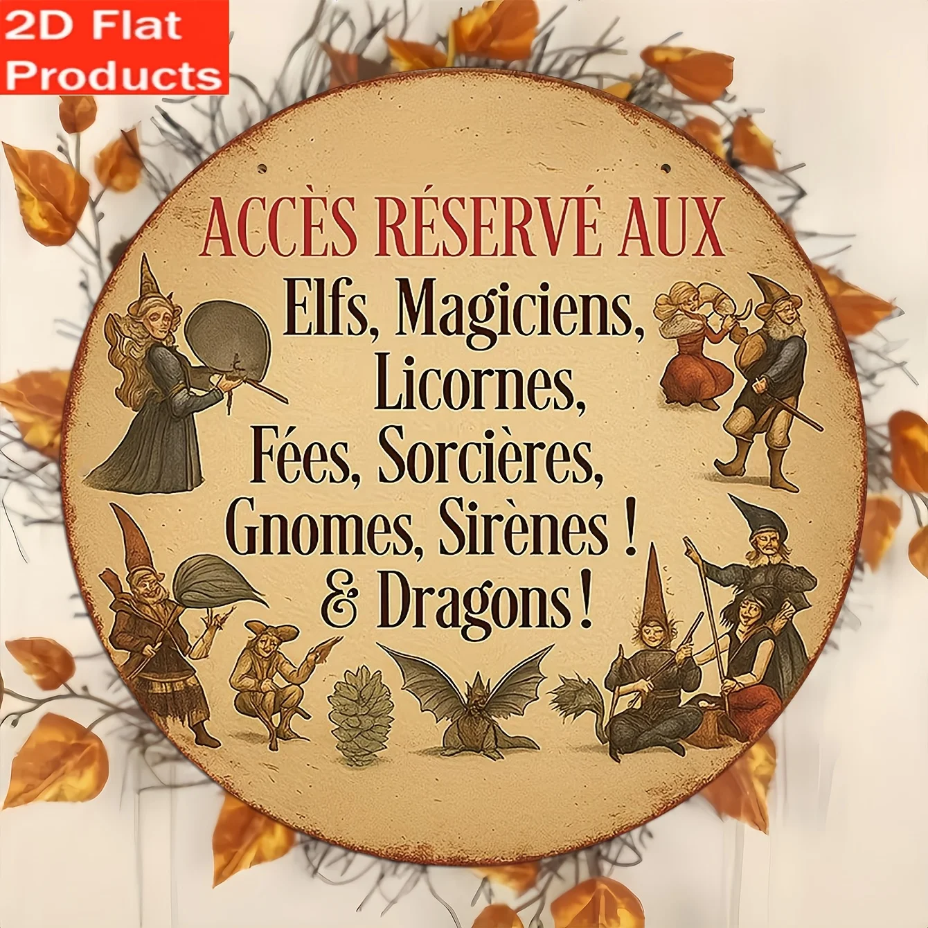 2D Flat - Decorative Sign And Plague, 1pc Retro Wooden French Sign with Magical Creature Ornaments, Suitable for Living Room, St