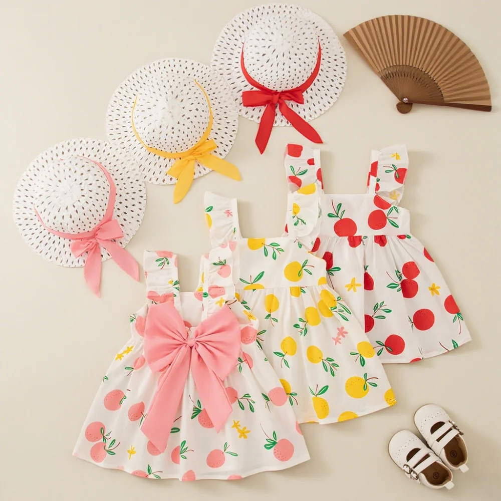 

Baby Girl Dress Summer All-Over Floral Print Cotton Spaghetti Strap Dress Adorable Bow Baby Dress With Hat Baby Girl Clothes