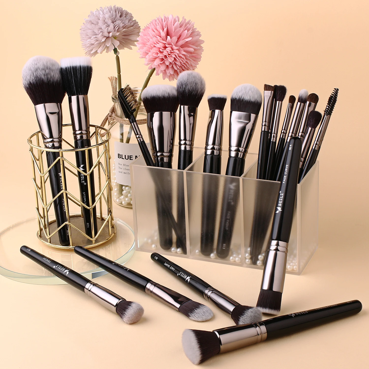 BEILI – ensemble de pinceaux de maquillage professionnels noirs de luxe, grands pinceaux de maquillage en poudre, fond de teint, mélange naturel,