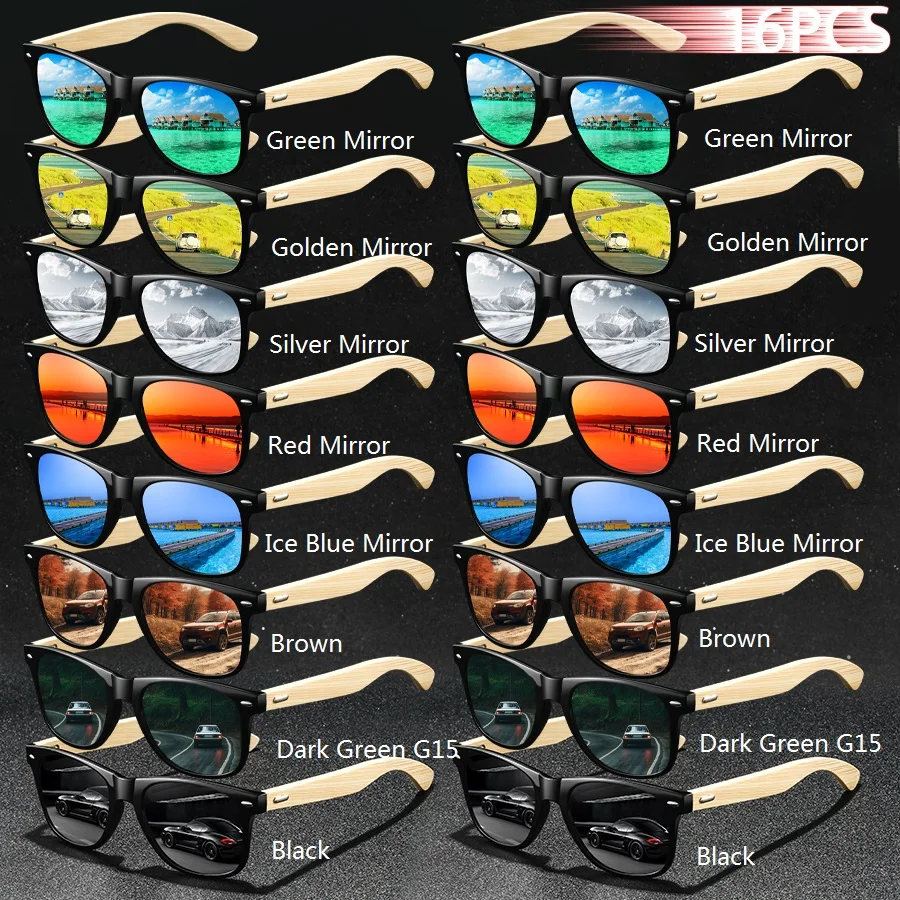 16PCS Fashion Eyewear Klassieke Vintage Bamboe Houten Zonnebril Mannen Vrouwen Merk Designer Vierkante Bril Rijden Vissen Zonnebril