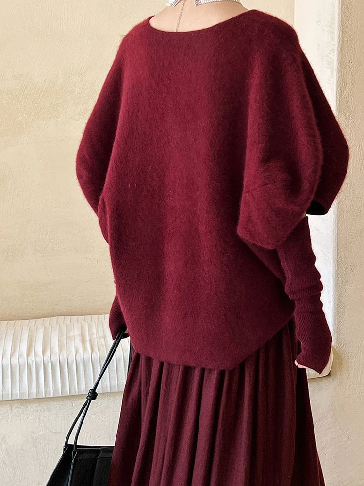 Wine Red Big Size Elegant Knitting Sweater Round Neck Long Sleeve Women Pullovers New Fashion Spring Autumn