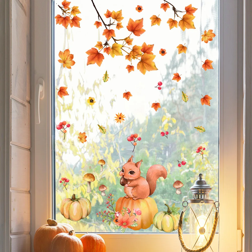 Chzimade Maple Leaf Cute Squirrel Wall Sticker Window Thanksgiving Decoration Autumn Kids Room Decal Sticker Muraux Wallpaper