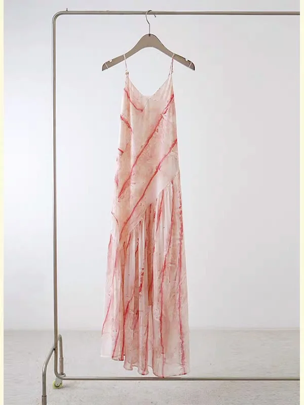 

French-style seaside resort vibe pink tie-dye printed camisole midi dress for women, summer style