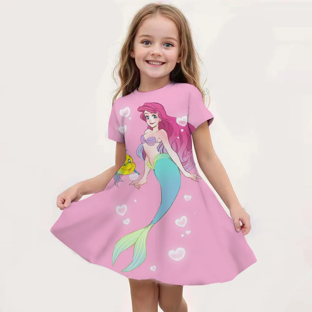 Disney-Robe de soirée princesse sirène pour enfants, robes de maison décontractées pour enfants, bébé fille, manches courtes, nouveau, 3-14 ans, 2024