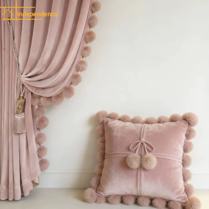 Customized Villa Pink Princess Hair Ball Velvet Thickened Blackout Curtains for Living Room Bedroom French Window Balcony
