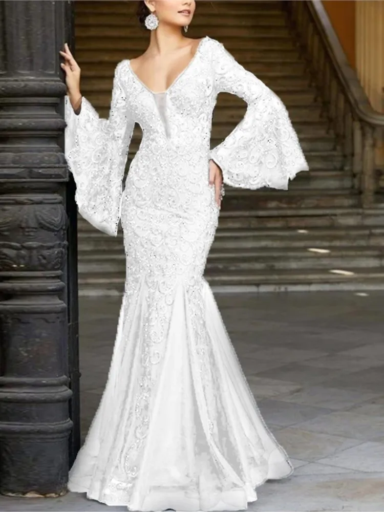 Neue frauen Sexy V-ausschnitt Spitze Flare Hülse Hochzeit Party Kleider Weibliche Abend Elegante Nachtclub Prom Maxi Meerjungfrau Kleider