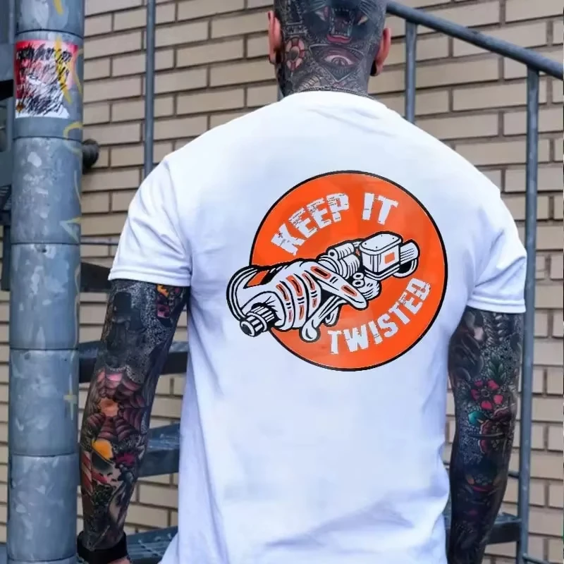 Biker Tattoo Graphic T-Shirt Men Women KEEP IT TWISTED Motorcycle Hand Grip Print Tee for Men Punk Streetwear Vintage Top