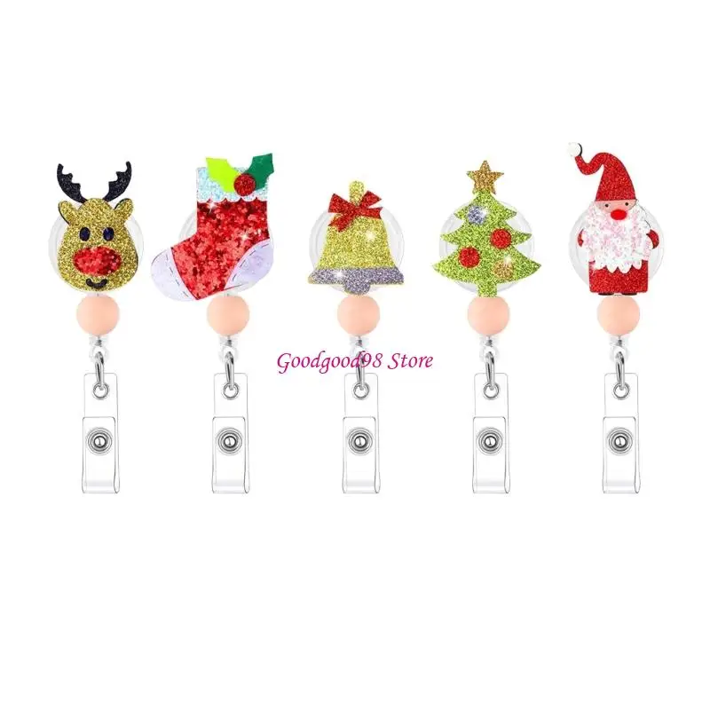 5Pcs Christmas Access Card Badge Holder with Retractable Cord and Pocket Clip for Teacher Passes, Office Wear, and Daily School