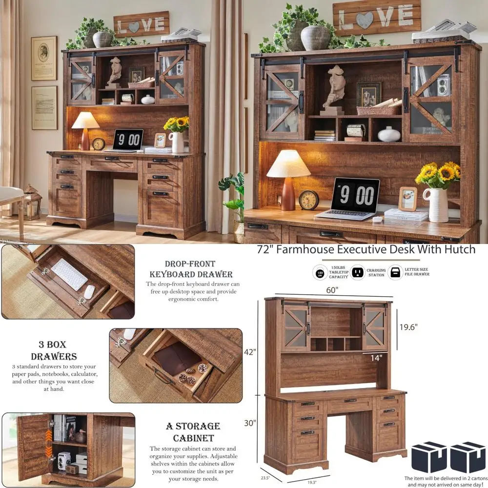 RedLemon 60 Escritorio estilo granja con aparador, escritorio ejecutivo de madera para oficina en casa con cajones, estación de carga, bandeja para teclado,