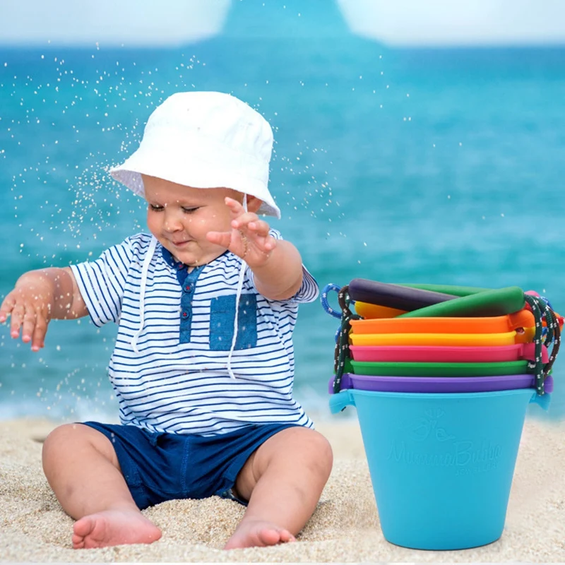 Kids Beach Bucket Silicone Folding Hand-Held Barrel Toy Baby Shower Bath Toy Sand Dabbling Pour Water Toy Orange