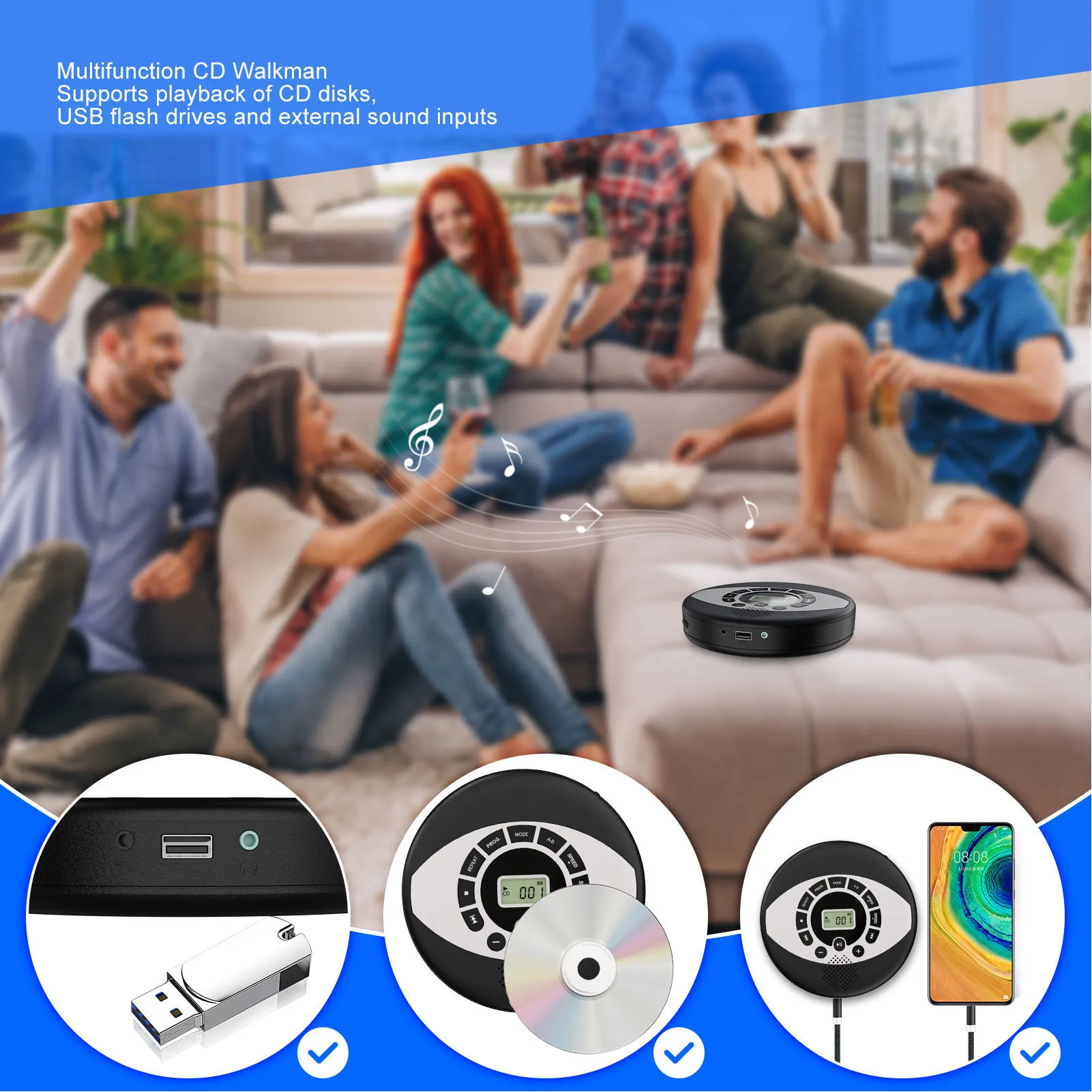 Portable CD Player USB Rechargeable Memory Playing Support Headphone Insertion 3.5mm AUX Jack CD Player Multifunction for Home