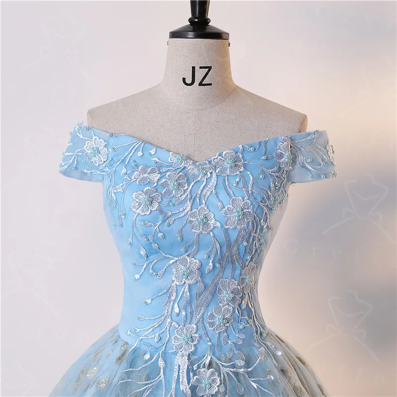 Robe de princesse brodée sans bretelles pour femmes, robe de soirée pour adultes, jupe moelleuse, bleu clair, hors initié