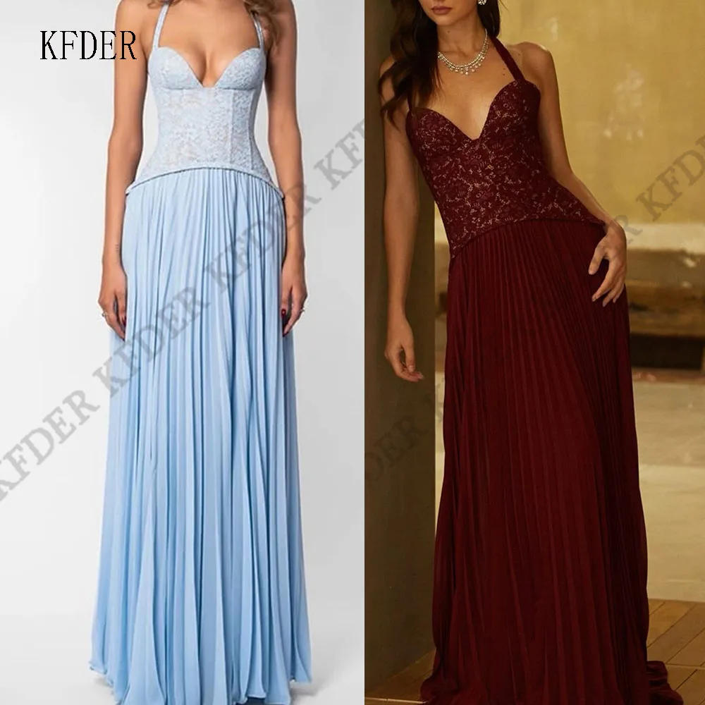 Elegant Lace Chiffon A Line Formal Evening Dresses Sweetheart Custom Sleeveless Prom Gowns Long Vestidos De Festa Customized