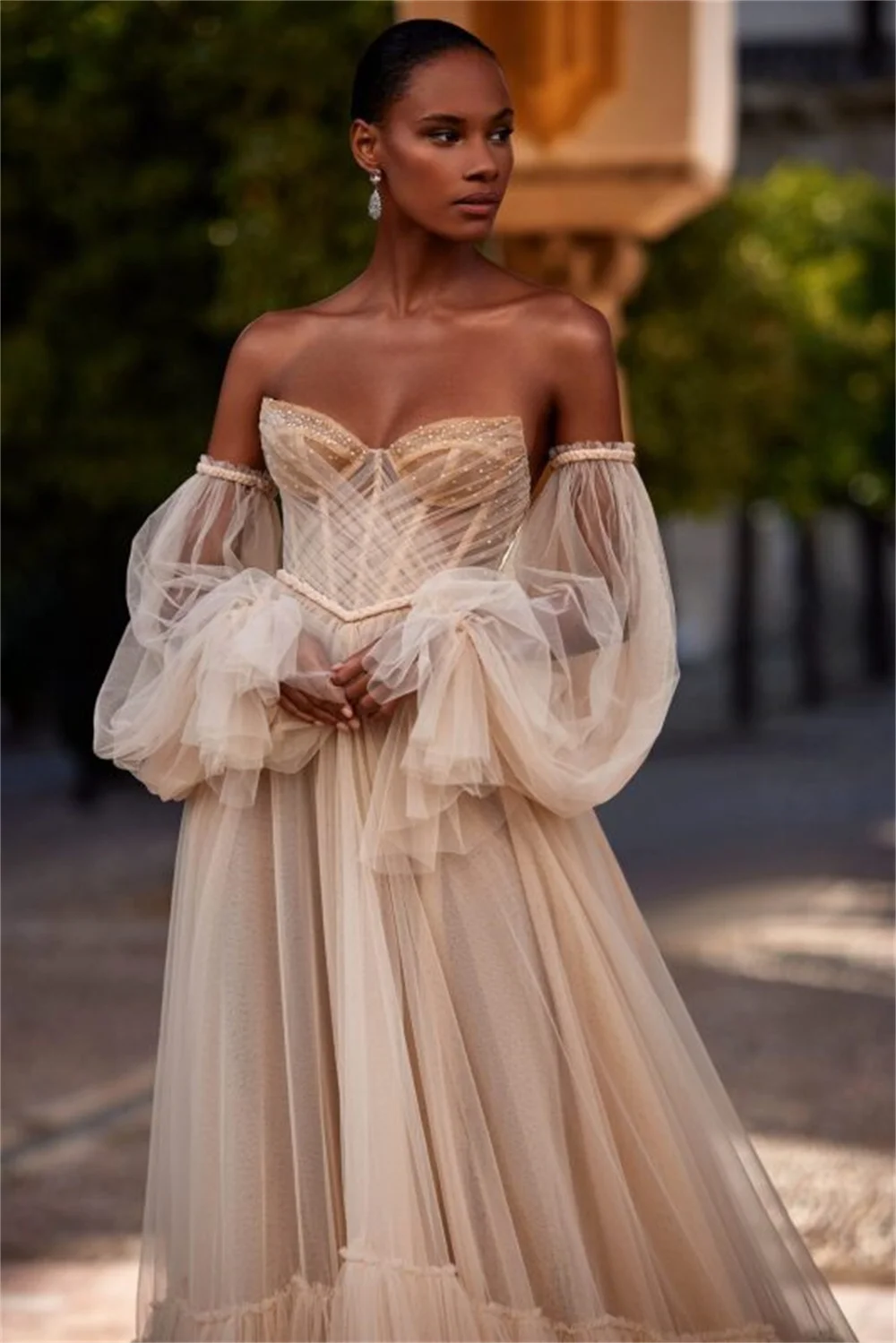 Cathy Beige Long Puff Sleeves Bridal Dress Strapless A-line Lace Appliques vestidos de fiesta Floor-length Prom Dresses 2024