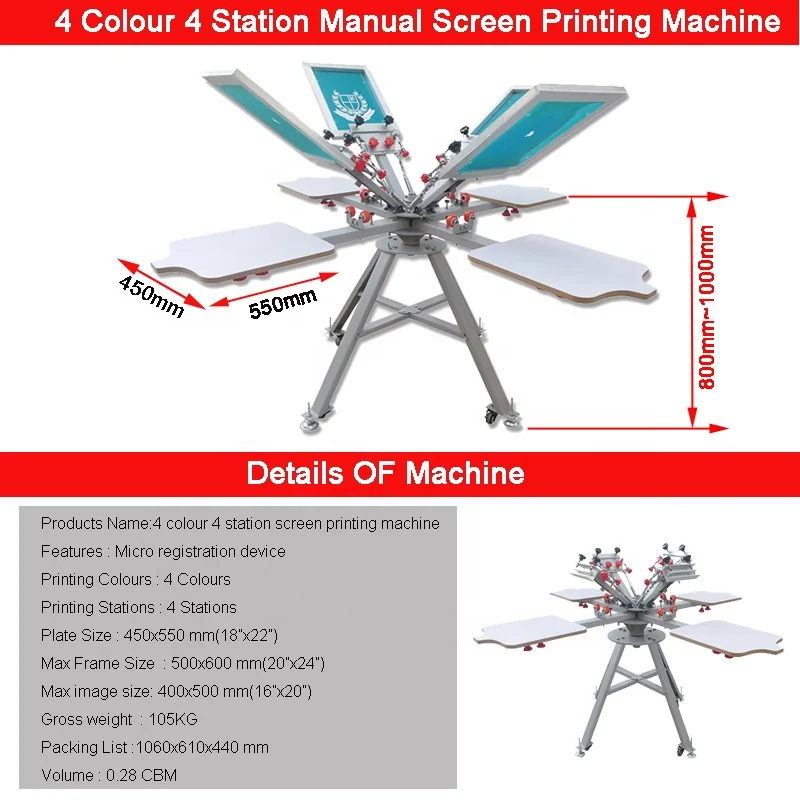 At Home Micro Registration Manual 4 Color 4 Station T-shirts Screen Printing Press Printer Machine