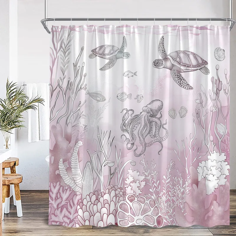 Nautical Ocean Octopus Sea Turtle Shower Curtain Pink Coral Starfish Seashell Fish Bath Curtains Home Bathroom Decor with Hooks