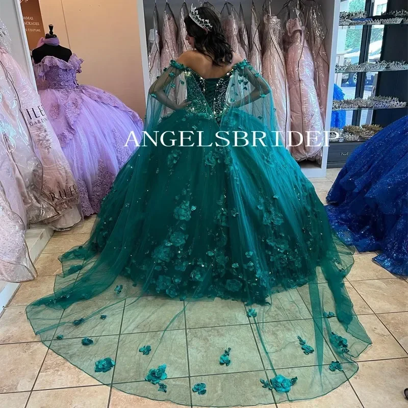 2025 Customize Ball Gowns Quinceanera Dresses With Cape 3D Flowers Emerald Green Vestidos De 15 Años Birthday Party Gowns