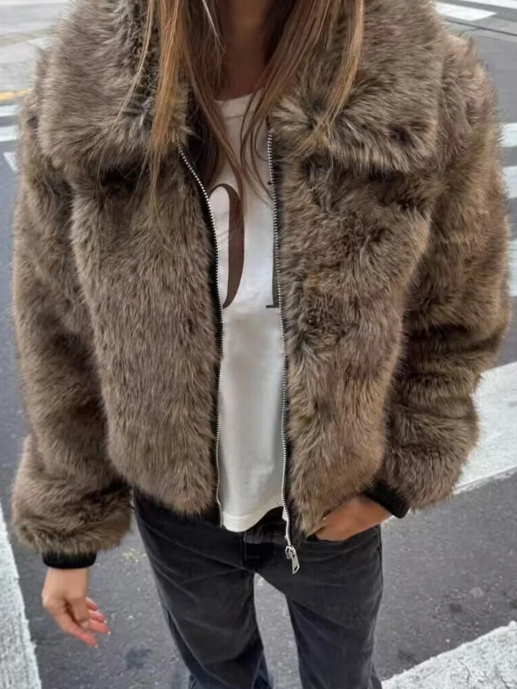 HH Women's Winter New Fashion Sepia Lapel Contrast Fur All-in-One Jacket Female Zipper Pocket Decoration Thick Jacket Mujer